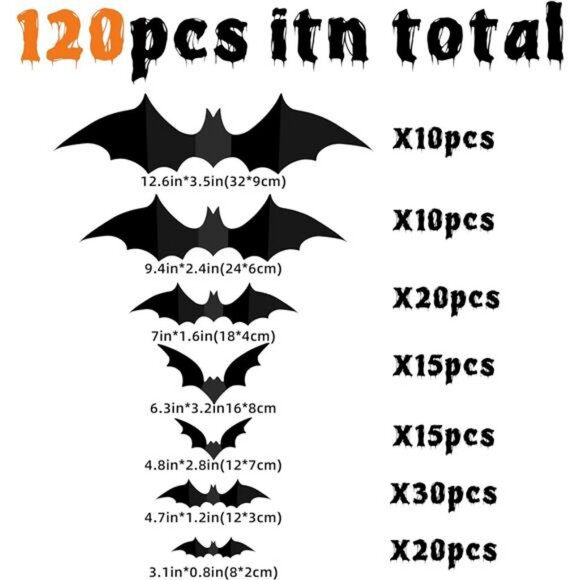 Bats Wall Decor 120PCS Halloween Decoration Bats Realistic PVC 3D Black Scary - Picture 2 of 7